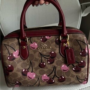 Coach Cherry Print Satchel in Brown and Pink